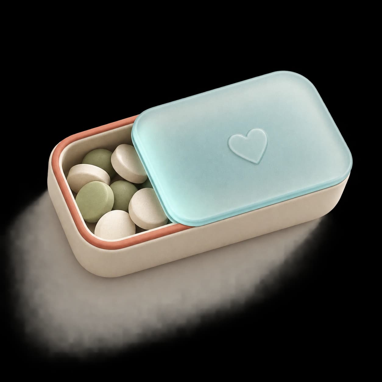 A soft ceramic pill tin with a translucent teal lid, holding pills
