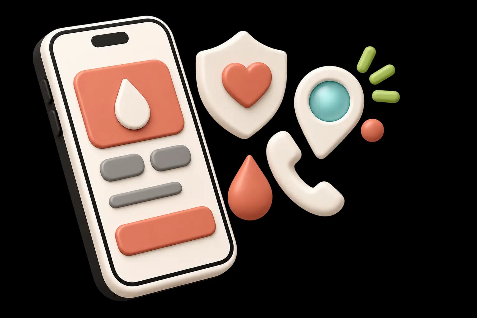 The emergency card with blood group and an SOS button, beside a shield and a location pin