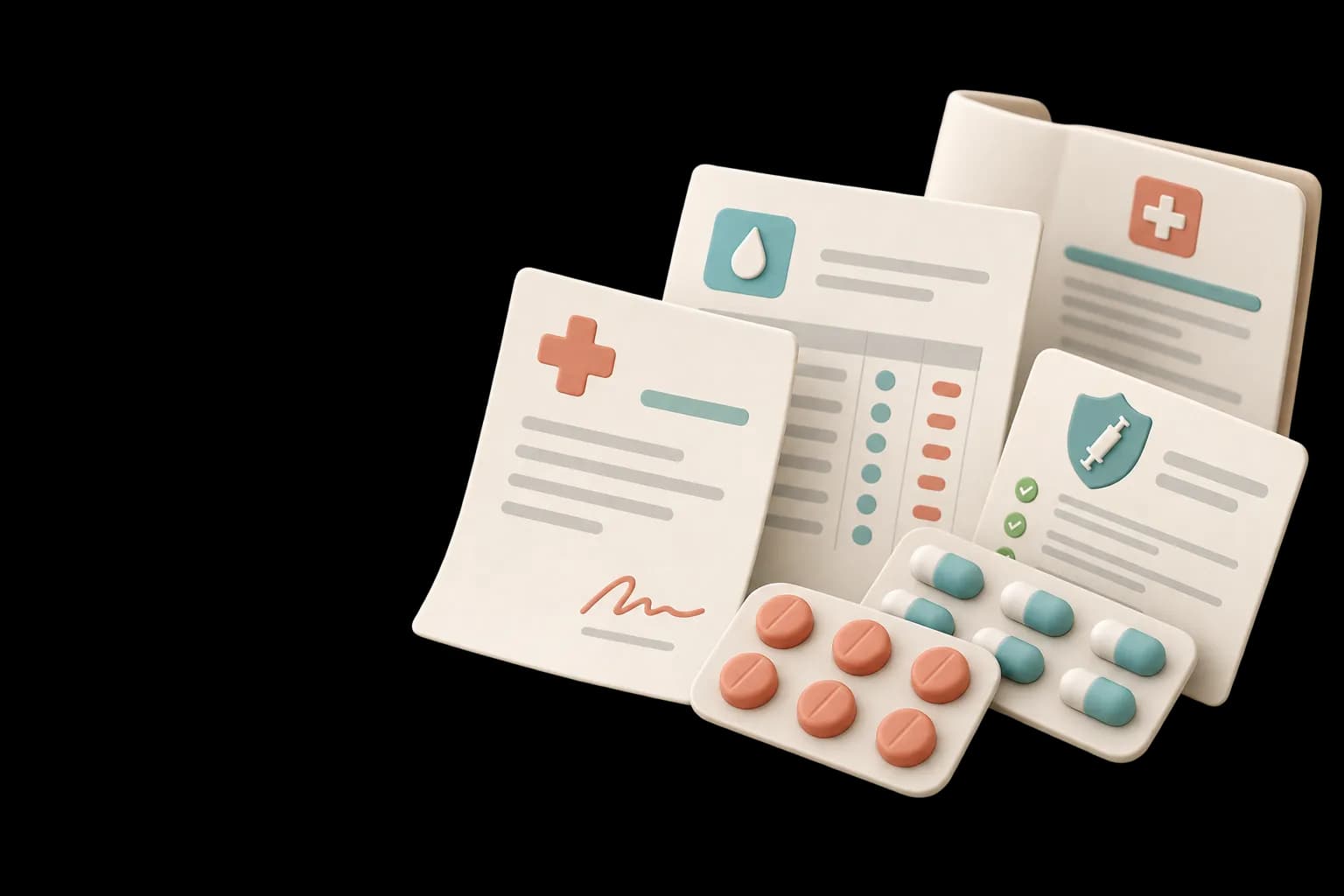 A stack of prescriptions, a lab report, a vaccination card and blister packs of tablets